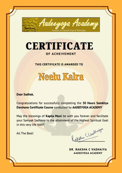 Certificate Aadeeyoga- Neelu Kalra