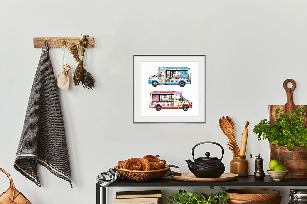 Thumbnail: Blue and Pink Ice Cream Vans - unframed print