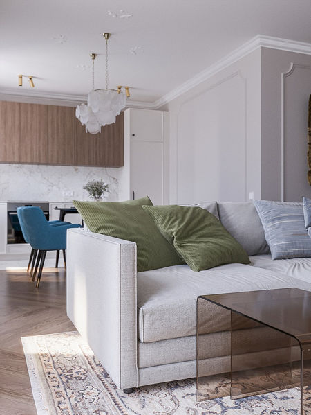 Интерьера объединенной кухни и гостиной, светлый интерьера в классическом стиле с яркими акцентами, 
планировочное решение дома, план электрики и освещения 