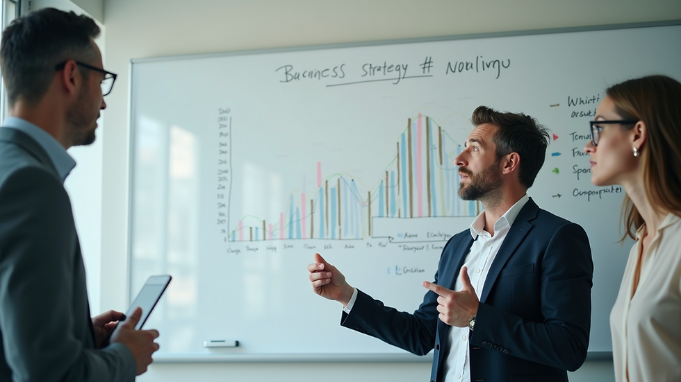 Eye-level view of a consultant presenting a business strategy on a whiteboard