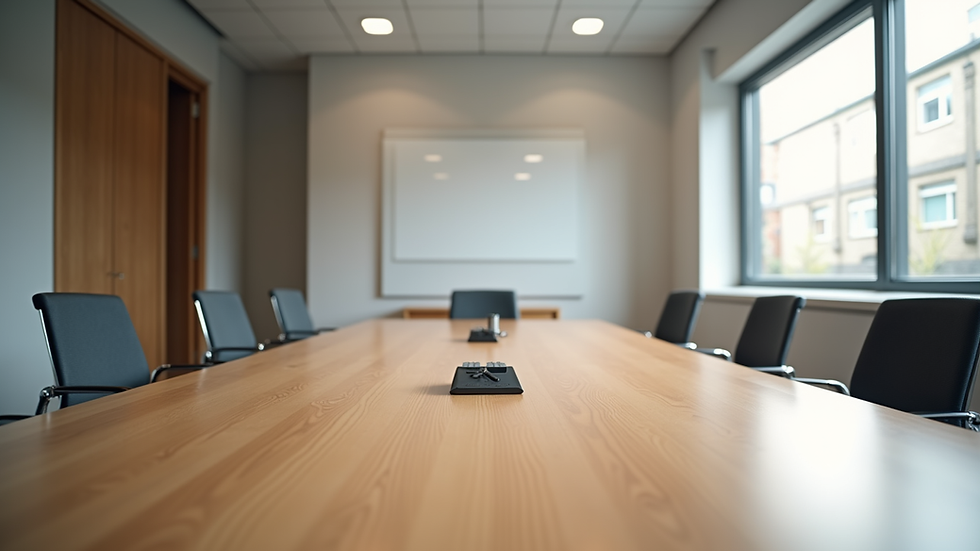 Eye-level view of a modern office meeting room prepared for mediation