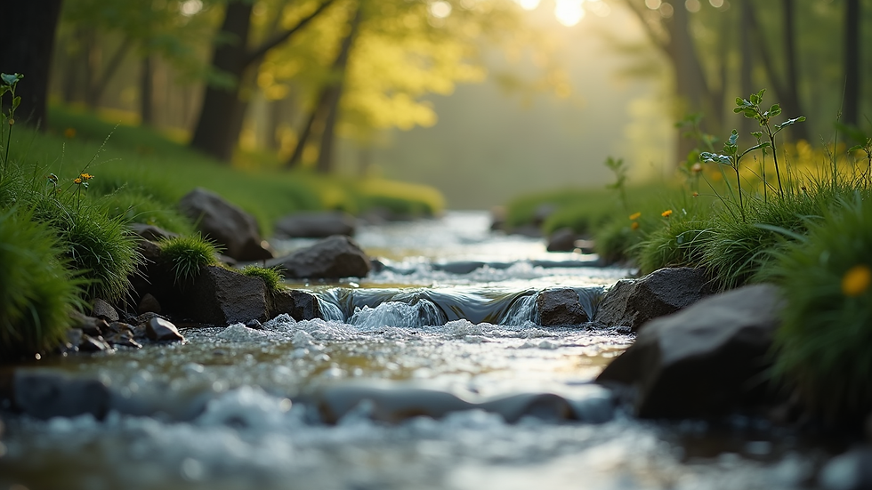 Close-up view of a serene nature scene with a flowing stream