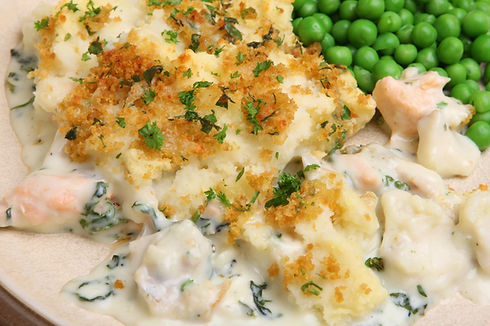 Fish pie baked with salmon and haddock,