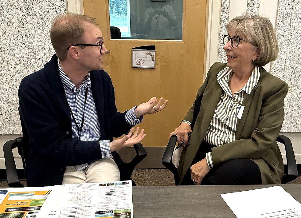 York County Commissioner Justin Chenette and Age-Friendly Saco Director Jean Saunders talk transportation policy at a forum that drew participation from more than two dozen providers and supporting agencies, municipal and state leaders and others Aug. 13. Chenette, who organized the event, said the forum will be an annual event.