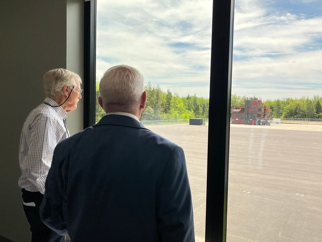 US Sen. Angus King (I-Maine) and York County Regional Training Center director Roger Hooper view the drill tower during a tour on Wednesday May 27. The tower is used for training exercises by firefighters, EMS, and law enforcement. - Sarah Stanley/Sen. King Staff photo
