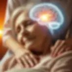« Une personne âgée reposant paisiblement dans son lit avec une expression sereine. Une main bienveillante posée sur son épaule symbolise le soutien et le réconfort. En arrière-plan, une lueur douce en forme de cerveau illustre la santé cognitive et l’espoir. »