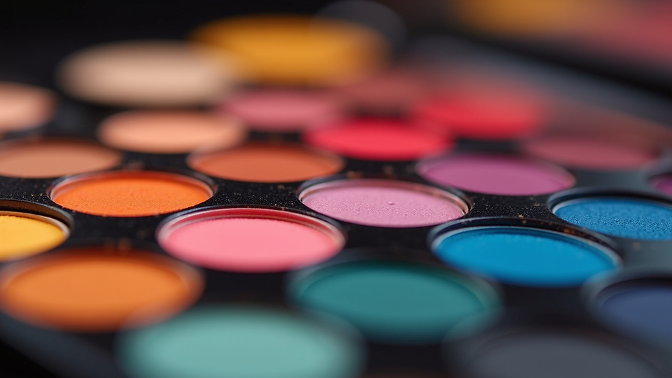 Close-up view of a makeup palette with vibrant colors