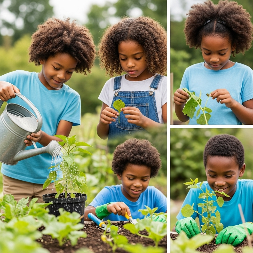Children gardening outdoors, watering plants, examining leaves. They wear blue and white shirts, appear focused and happy in a green setting.