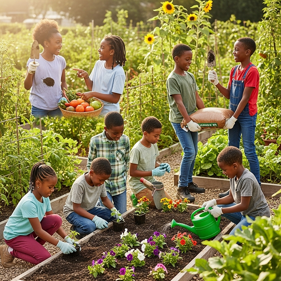 Children gardening in a lush garden. Some plant flowers while others hold vegetables and soil. Sunflowers and sunlight in the background.