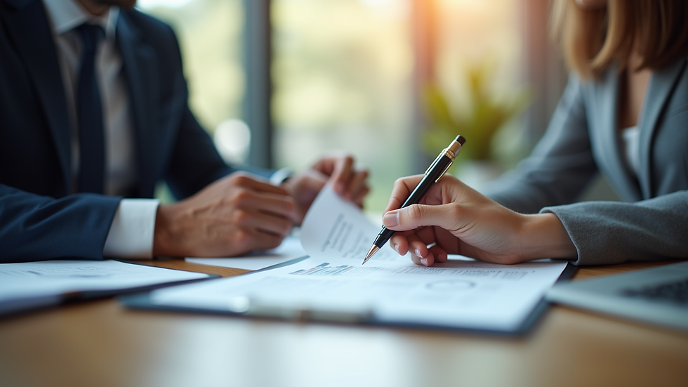 Eye-level view of a financial advisor explaining documents to a client