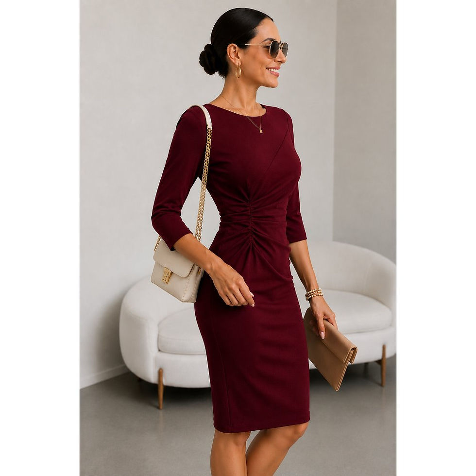 Miniatura: Vestido Elegante Drapeado en Cintura Rojo Vino