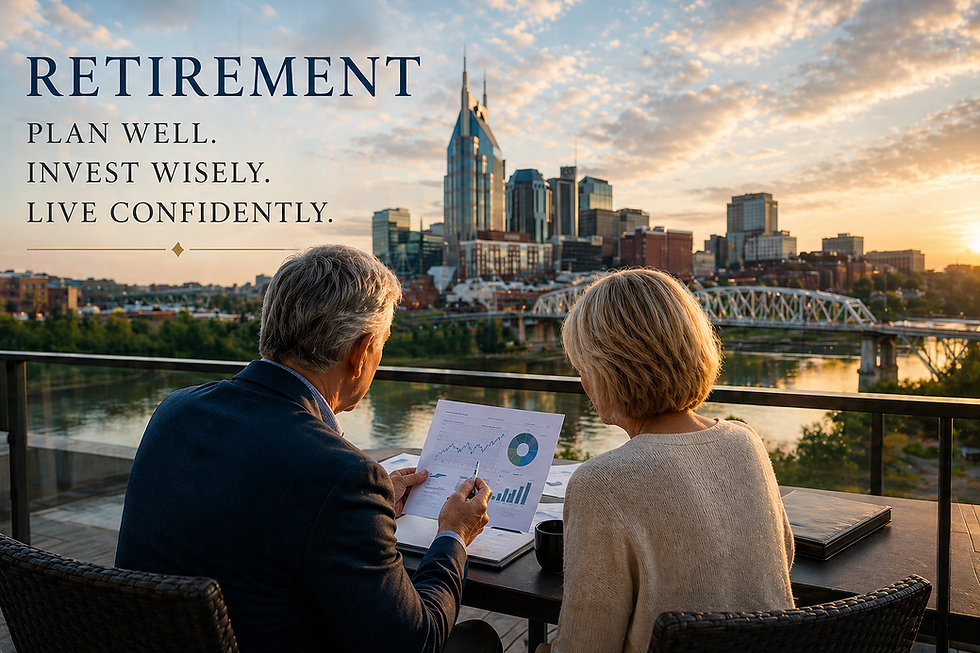 Retired couple reviewing investment charts on a balcony overlooking the Nashville skyline at sunset with retirement planning title, representing wealth management and financial advisory services for retirees.