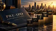 Black leather portfolio embossed with the words Pre-IPO Opportunities beside a gold pen and stacked gold blocks carrying icons for a light bulb, cloud, DNA strand, shopping cart, and car, with a city skyline and a rising gold arrow at sunset.