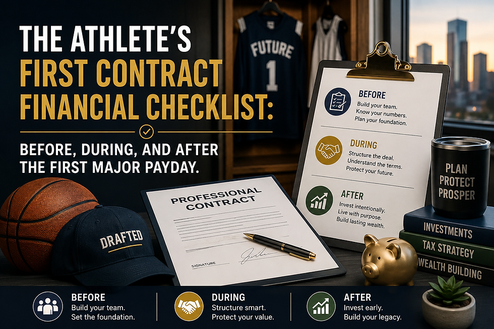 Luxury sports finance checklist graphic with a signed professional contract, basketball, drafted hat, gold piggy bank, and before-during-after financial planning notes for an athlete’s first major payday.