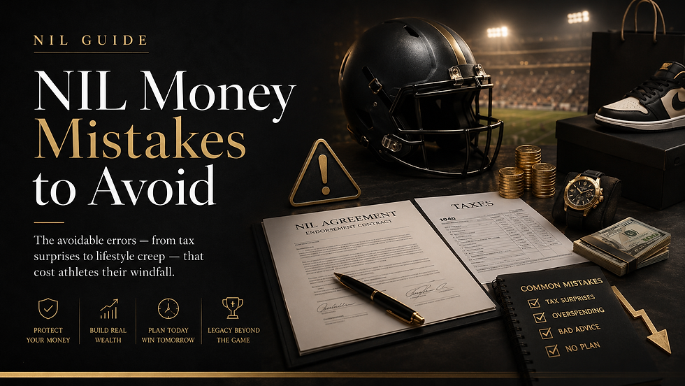 NIL Money Mistakes to Avoid blog image showing a football helmet, NIL agreement, tax form, warning sign, coins, cash, and luxury items representing tax surprises and lifestyle creep.