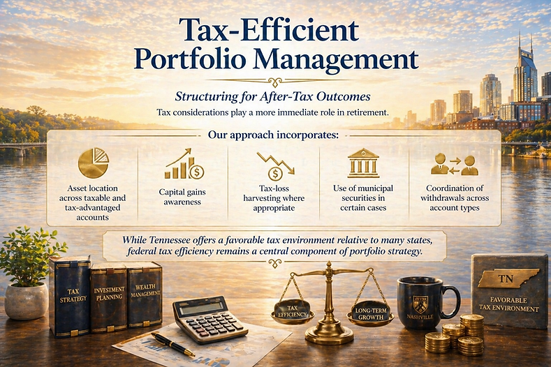 Tax-efficient portfolio management strategy for retirement investors focused on capital gains, asset location, and after-tax outcomes
