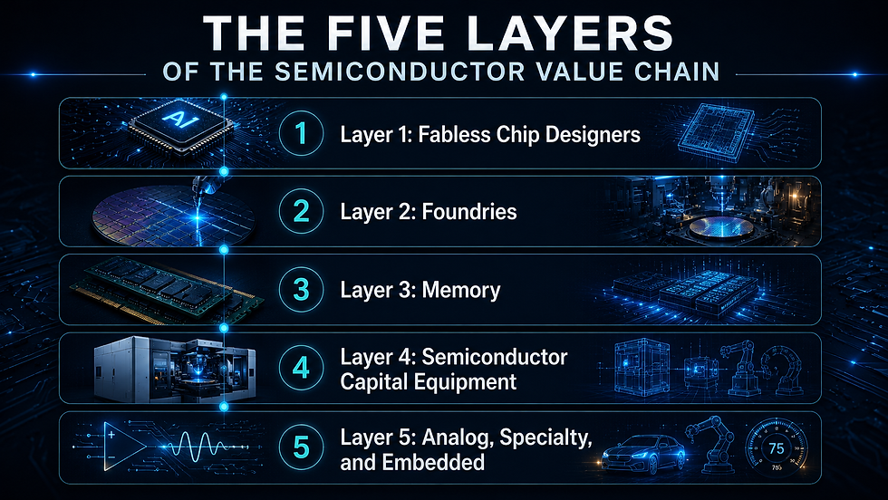 Infographic showing the five layers of the semiconductor value chain, including fabless chip designers, foundries, memory, semiconductor capital equipment, and analog specialty embedded chips.