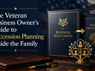 Veteran business succession planning with family ownership transfer documents and symbols.