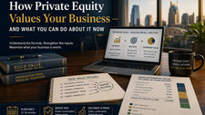 Private equity business valuation image showing EBITDA, valuation multiples, value drivers, deal structure, and founder exit planning in a Nashville office setting.