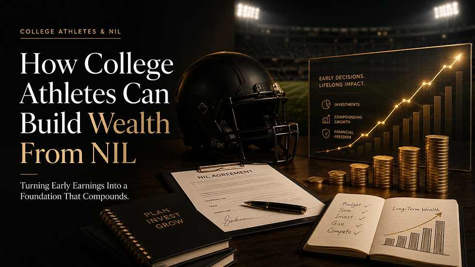 College athlete NIL wealth-building concept with a helmet, NIL agreement, investment chart, and rising coin stacks showing early earnings compounding.