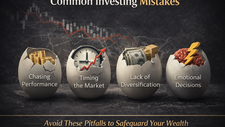 Infographic titled “Common Investing Mistakes” showing cracked eggs representing chasing performance, market timing, lack of diversification, and emotional investing against a dark financial market background.