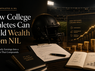 College athlete NIL wealth-building concept with a helmet, NIL agreement, investment chart, and rising coin stacks showing early earnings compounding.