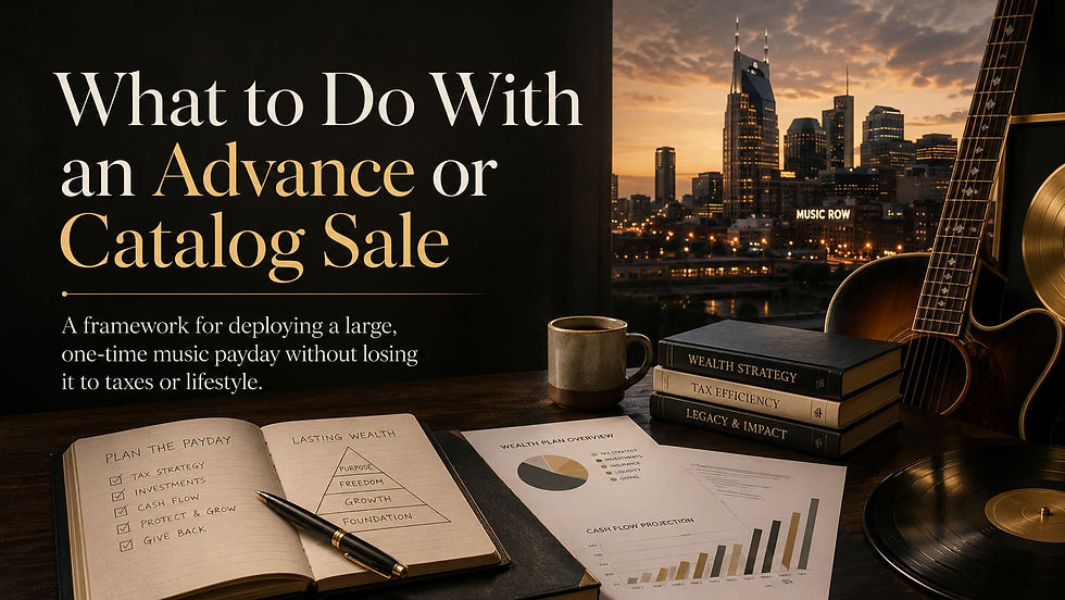 Nashville music business wealth planning image with guitar, vinyl record, financial documents, and headline about what to do with an advance or catalog sale.
