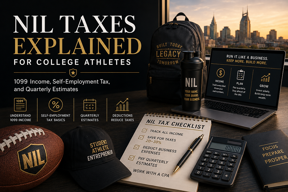 NIL taxes explained for college athletes graphic with Nashville skyline, football, checklist, calculator, laptop, and 1099 tax planning icons.