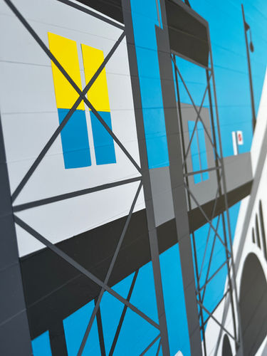 Reproduction ultra géométrique à l'acrylique de l'ascenseur du pont de Chaudron à Lausanne en Suisse