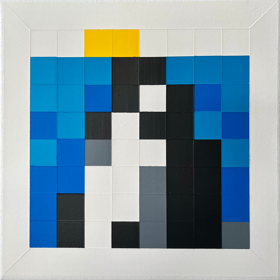 Reproduction avec 64 pixels à l'acrylique d'un orque surgissant des profondeurs de l'océan et menaçant un bateau à la surface