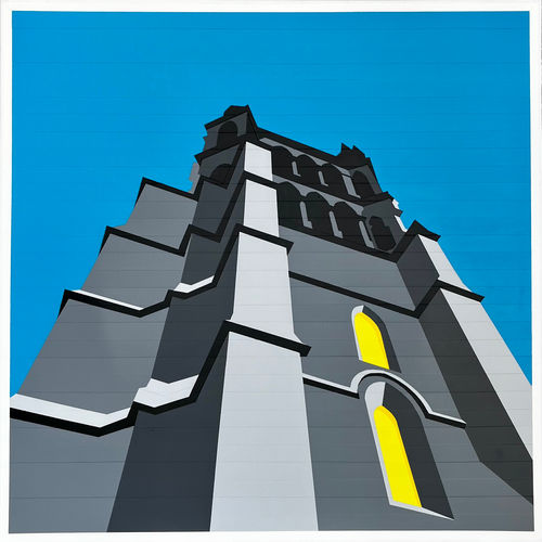 Reproduction à l'acrylique de la cathédrale de Lausanne. Vue ultra géométrique en contre plongée