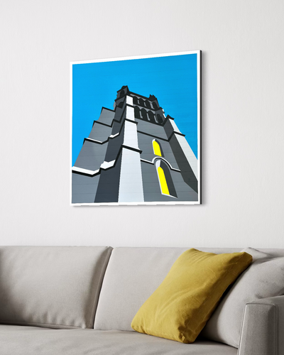 Reproduction à l'acrylique de la cathédrale de Lausanne. Vue ultra géométrique en contre plongée