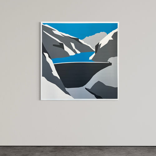 Reproduction à l'acrylique sur canevas entoilé du barrage de Mauvoisin dans les Alpes en Suisse. Des aplats de divers gris, blanc et bleu font apparaître ce monumental ouvrage au milieu des montagnes