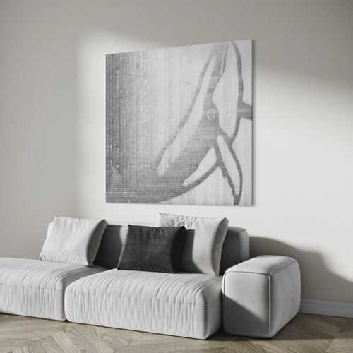 Milliers de répétitions du slogan "Le Plastique C'est Chic" à l'aide d'un auto-encreur faisant apparaître une baleine surgissant des profondeurs