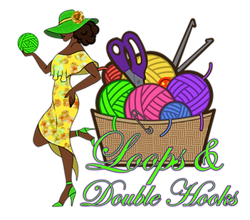 Loops N Double Hooks logo with a lady holding a green skein of yarn. A basket on the floor with yarn, scissors, crochet hooks.