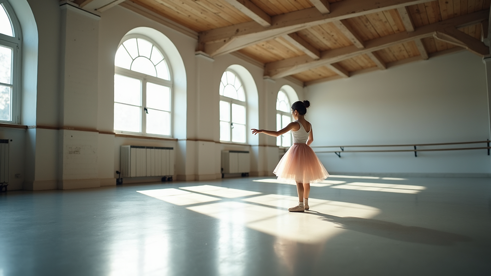 Eye-level view of a dance studio with a single dancer practicing ballet