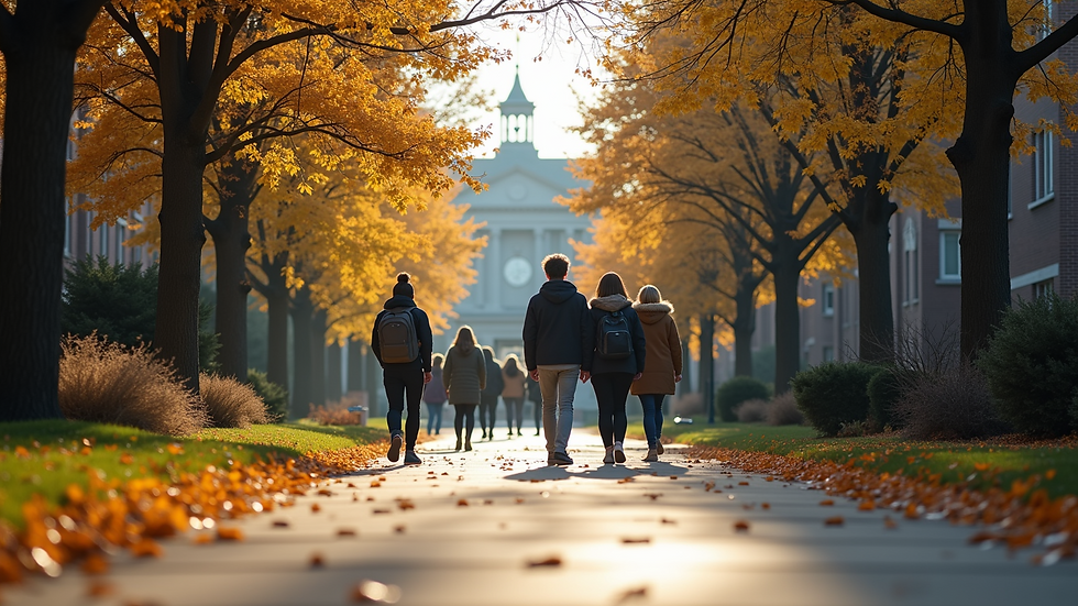 Eye-level view of college campus entrance with students walking