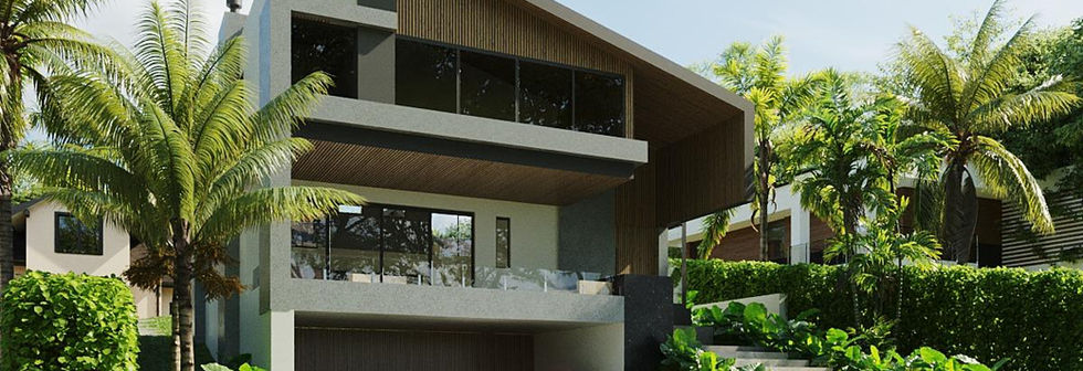 Vista frontal da Casa Vista Alta com implantação em terreno elevado.