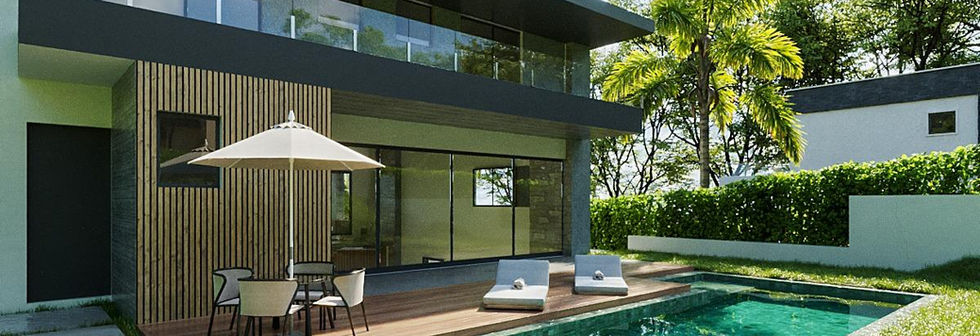 Área externa da Casa Vista Alta com piscina e integração entre interior e jardim.