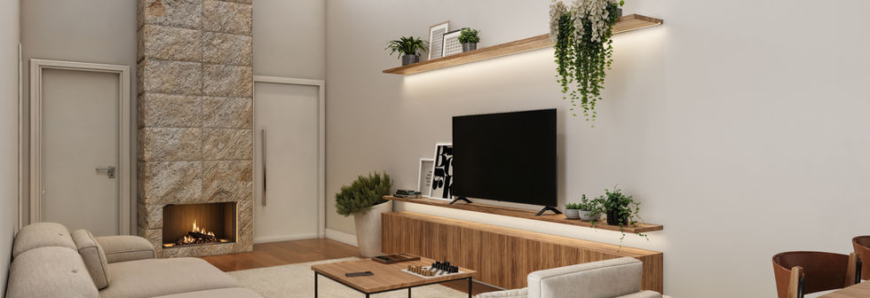 Sala de estar com moveis de alta qualidade em Farroupilha. Entrega da casa com lareira pronta.