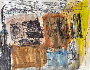 The background of the image is white paper. From the left, there are random squares of watercolor that are transparent. The first box is light tan, with a medium color brown square directly underneath in. In the next row, there is a medium brown rectangle that lines up with the tan box to its' left. Under that box is a light blue section. To the right of these squares, there is a yellow section of watercolor reaching from the top of the canvas to the bottom.
On top of all of this are ink pen markings. There is a large rectangle shape in the bottom left hand corner on top of the brown watercolor boxes that reaches to the top of the paper. This is colored in darkly. To the right of this door-like rectangle shape, there are several squares that resemble windows, both filled in and with finer lines. Below the windows there looks to be an abstract fine line door with a handle. On top of all of these images, there are horizontal abstract fine lines in pen.