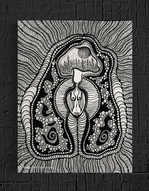 Black ink drawing shows a single toadstool with fine lines, forming a mycelial network connecting trees beneath dappled forest light—symbolizing nature’s hidden interconnectedness.