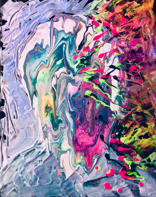 The profile of a figure being invaded by sound. The figure at rest is in shades of blue and white, and the invading sounds are in neon.