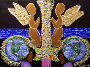 Acrylic paint in gloss finish. Gold flakes on angel wings, iridescent flakes with multiple colors representing prayers going up. Angels kneeled across the rivers of living water. Prayers going two around the earth, sitting on the shoulders of two Sistas.