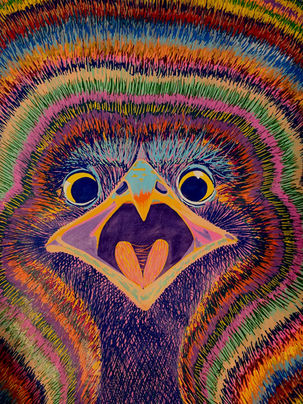 This piece, “Helpful Ostrich," was completed with paint markers, and depicts a quirky ostrich with its mouth open wide. There are numerous short, colorful lines extending outward from the ostrich in layers of overlapping color that follow the ostrich's contour.