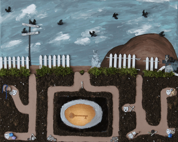 A landscape scene showing a cloudy sky, ground with white picket fencing, and underground tunnels that spell out "Y-O-U". Above ground shows a signpost for the direction of Suburbs (left), cemetery (right), a total of 10 3D crows scattered in the scene, a sticker bunny, two large piles of dirt, and three gravestones one with a skull 3D jewelry piece, one saying "RIP", and one saying "ego". The white fencing that goes across the entire ground is broken on the cemetery side. 3D moss utilized for the ground to tunnel transition. The tunnel system is 3D soil to show depth. In each tunnel there are 3D objects displayed in different sections showing different identities and things found along the way while digging. The "Y" tunnel has an engineering pinky ring tied with a graduation tassel, a quarter, and an angry emote mask on the top section, and for the bottom section there is a purple and blue train charm with a happy emote mask, in the path to the trains are a penny, spoon, dime, and red paint tube. The "O" tunnel splits into two paths with a fork in the middle. At the bottom of the "O" there are 8 nickels and two diamonds. The "O" tunnel goes around, but never enters, the mirrored section in the middle that, when lit, displays a heart shaped key shadow, when not lit is an empty hole. The "U" tunnel has one section with a fork and knife crossing the other and a hungry emote mask, one section with a poem, paint brush, and a sad crying emote mask, one section with a blue telephone charm, a heart lock, and a charismatic emote mask, and one section with a iridescent ballerina charm, an "N" charm, and an unsure emote mask. Through the tunnel there is a spoon, a penny, and a green paint tube.