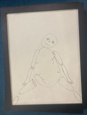 A bloated, cracking, egg shaped man with disassembled limbs, sits on the ground while looking sad and exhausted.