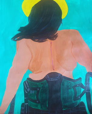 A vibrant colored portrait of a shirtless curvy, brown woman's backside while seated in her wheelchair. The background is a light teal, she is facing a bright yellow circular beam. Her dark hair is a little untamed and flowing across her shoulder and back. She is holding herself upright, exposing a 4-5 inch scar down the middle of her bare back. Her wheelchair is black and phthalo green.