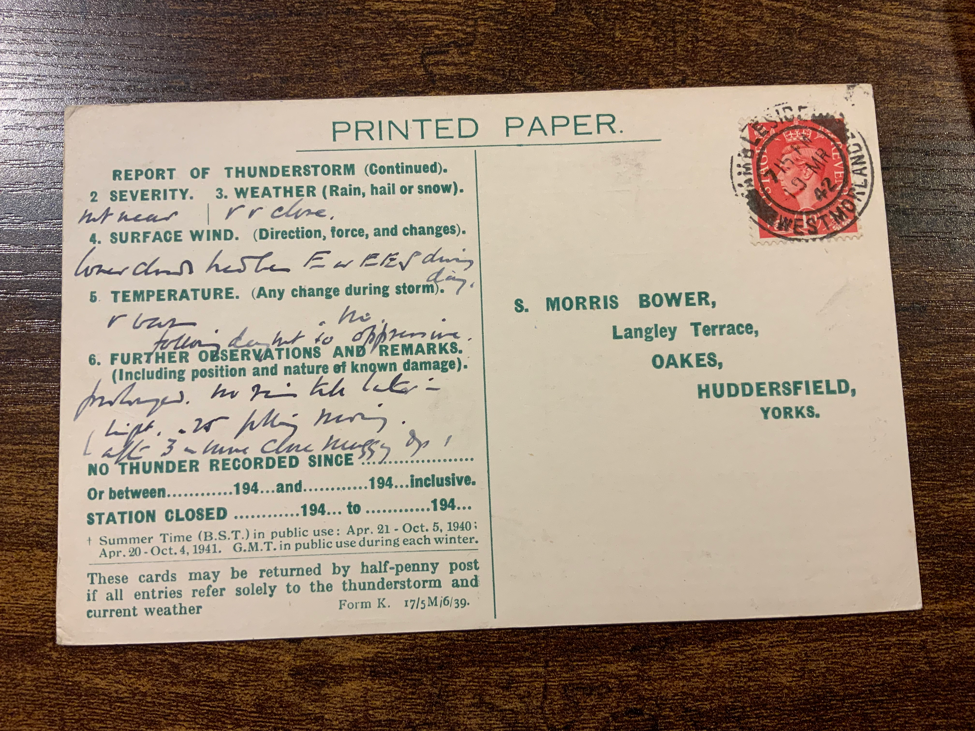 1942 National survey thunderstorm report card Ambleside Westmorland 