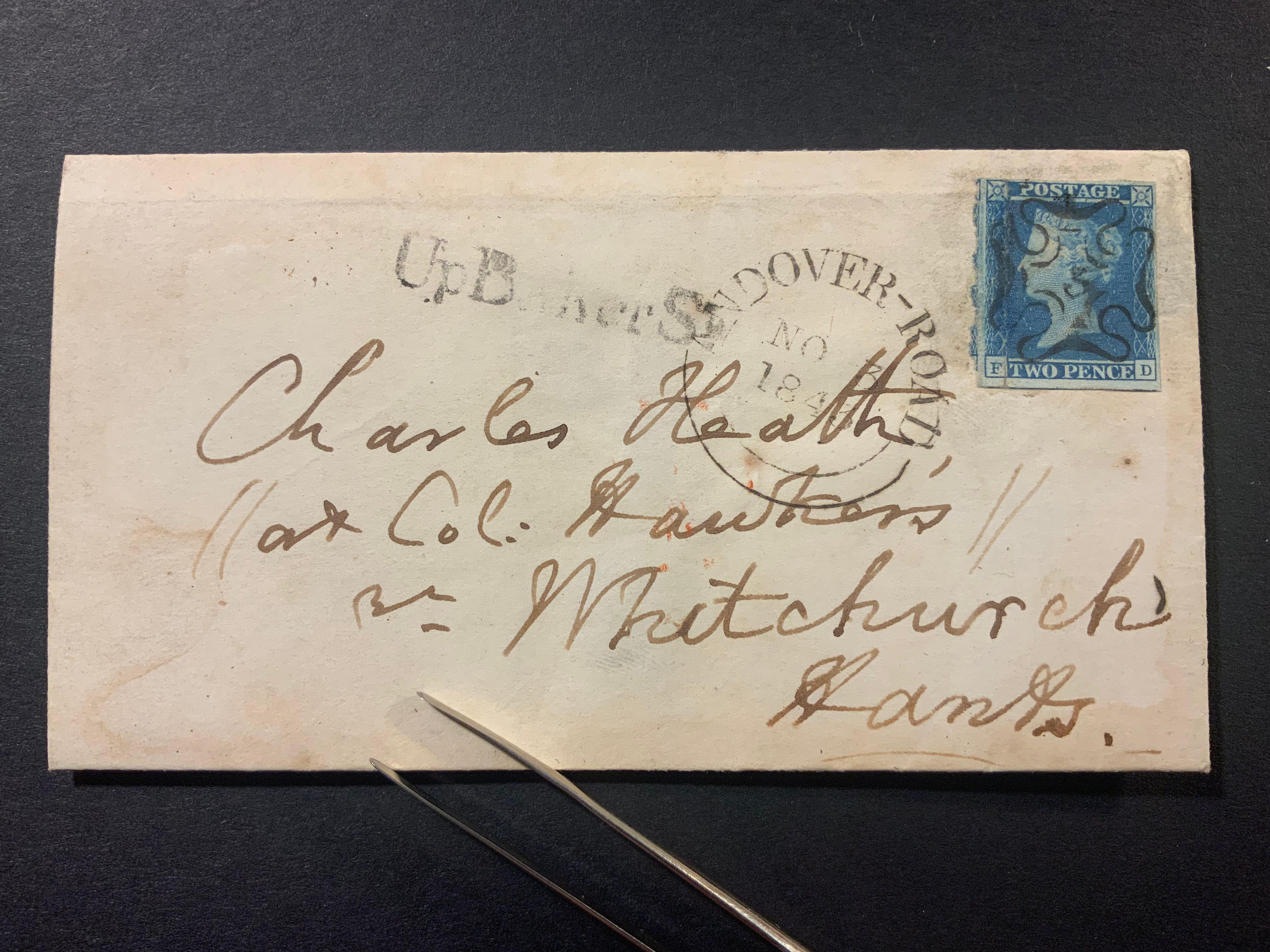 GB 1843 2d blue Imperf on cover (not tied) with No3 in MX